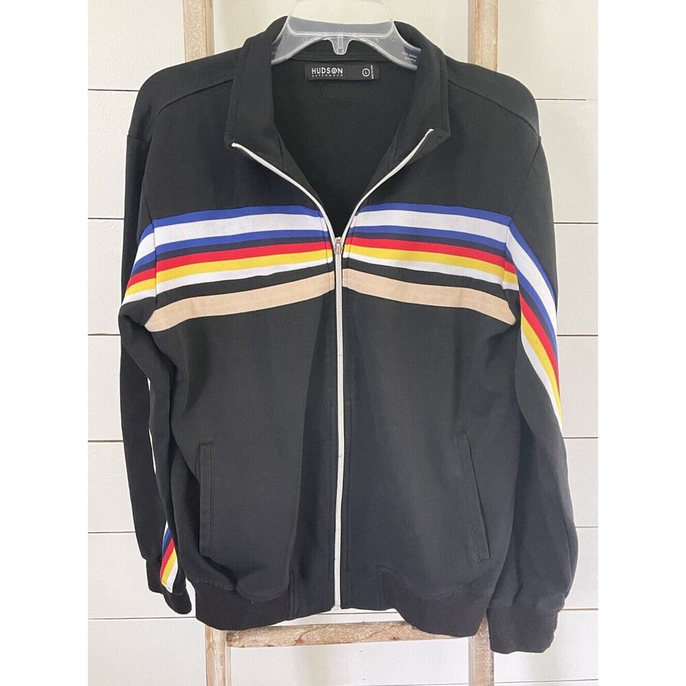 Hudson Black Track Jacket Stripes Yellow Blue White Full Zip Size Large
